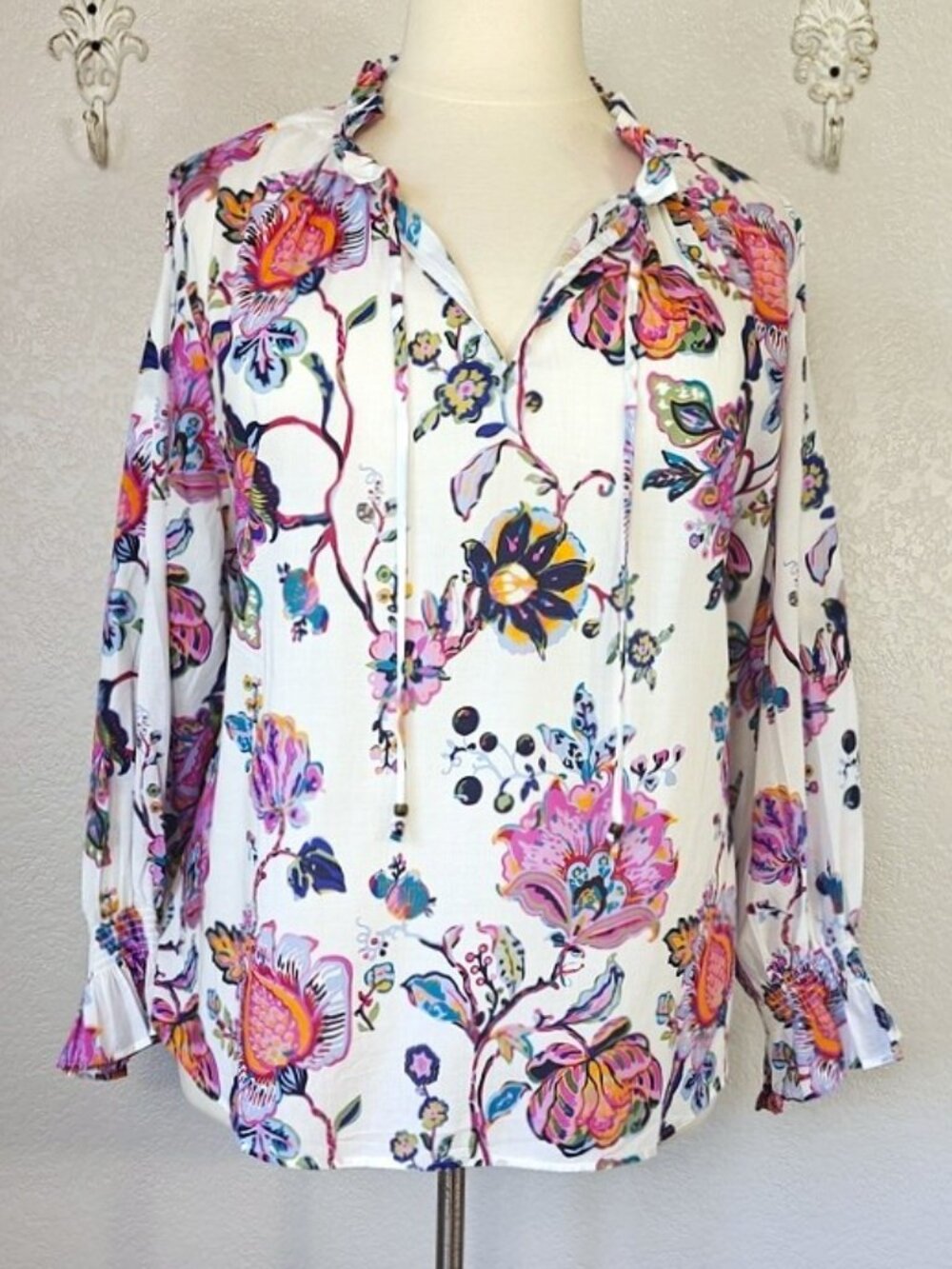 Philosophy 3X Tunic Blouse Floral Long Sleeves Smocked Cuffs Ruffle Neck